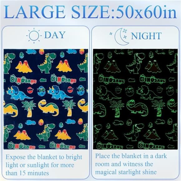 Glow in The Dark Dinosaur Blanket Gifts for 1-10 Year Old Boys Girls - Picture 2 of 7